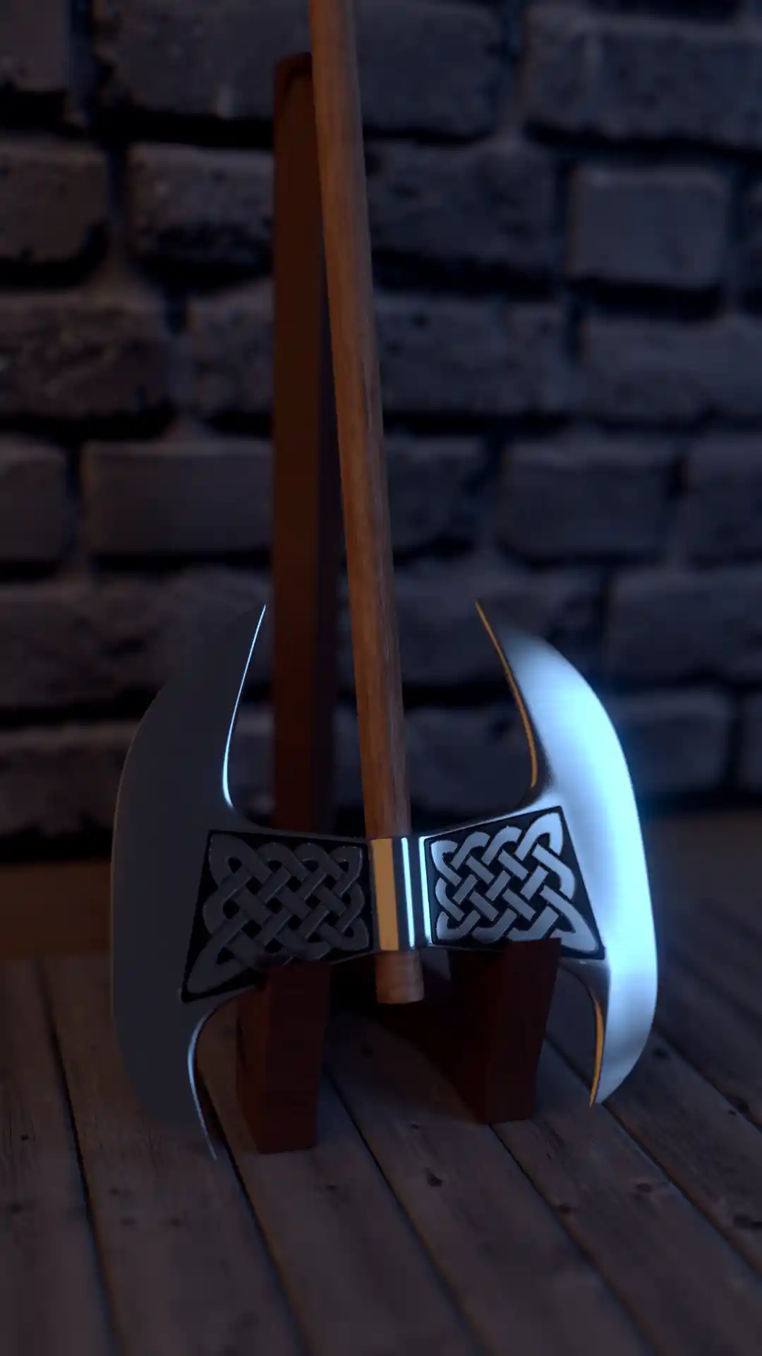 Art of a battle axe standing upside down on a stand, with a pattern on it