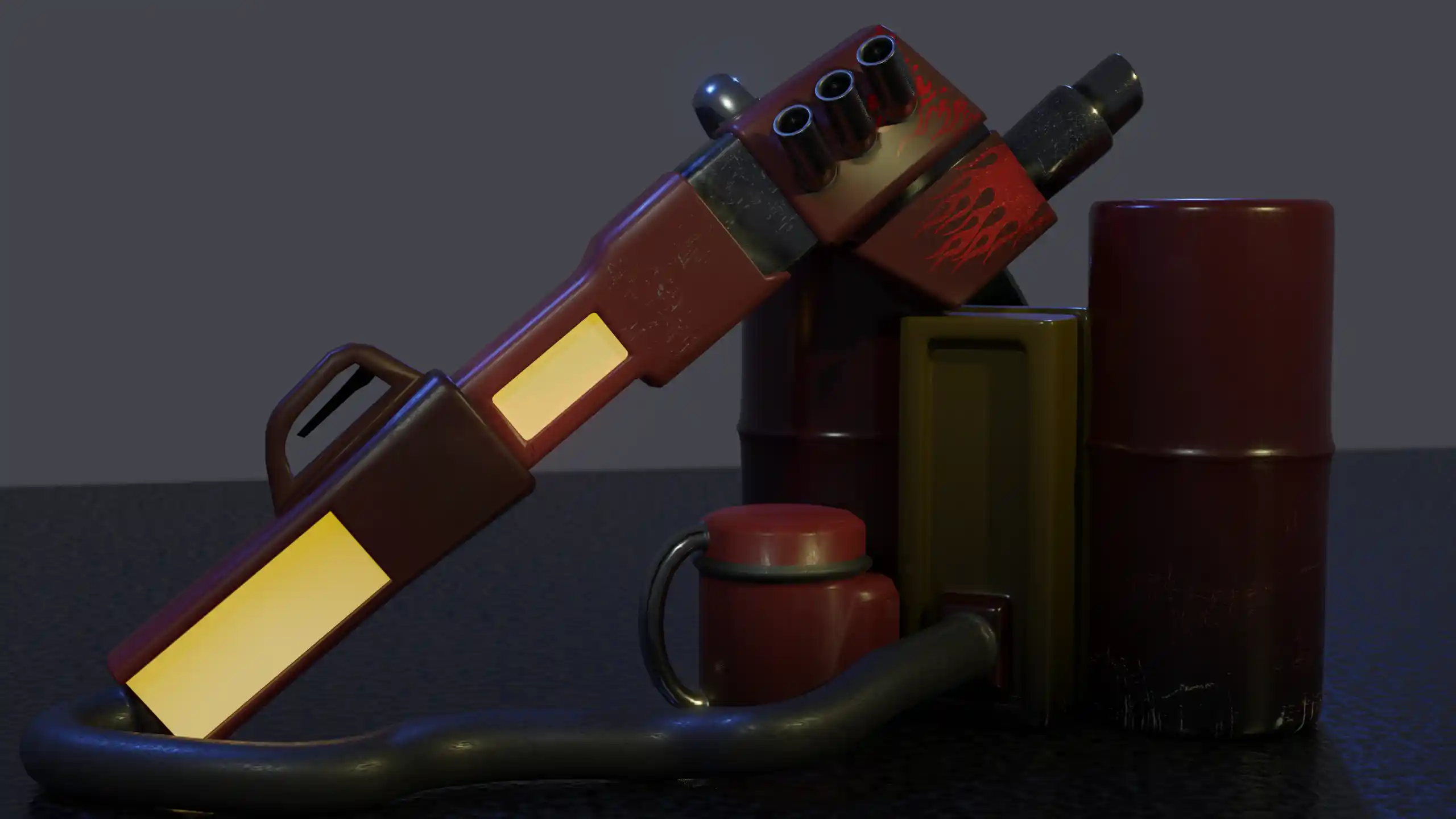 Art of a heavy weapon which spits a mix of napalm and buckshot