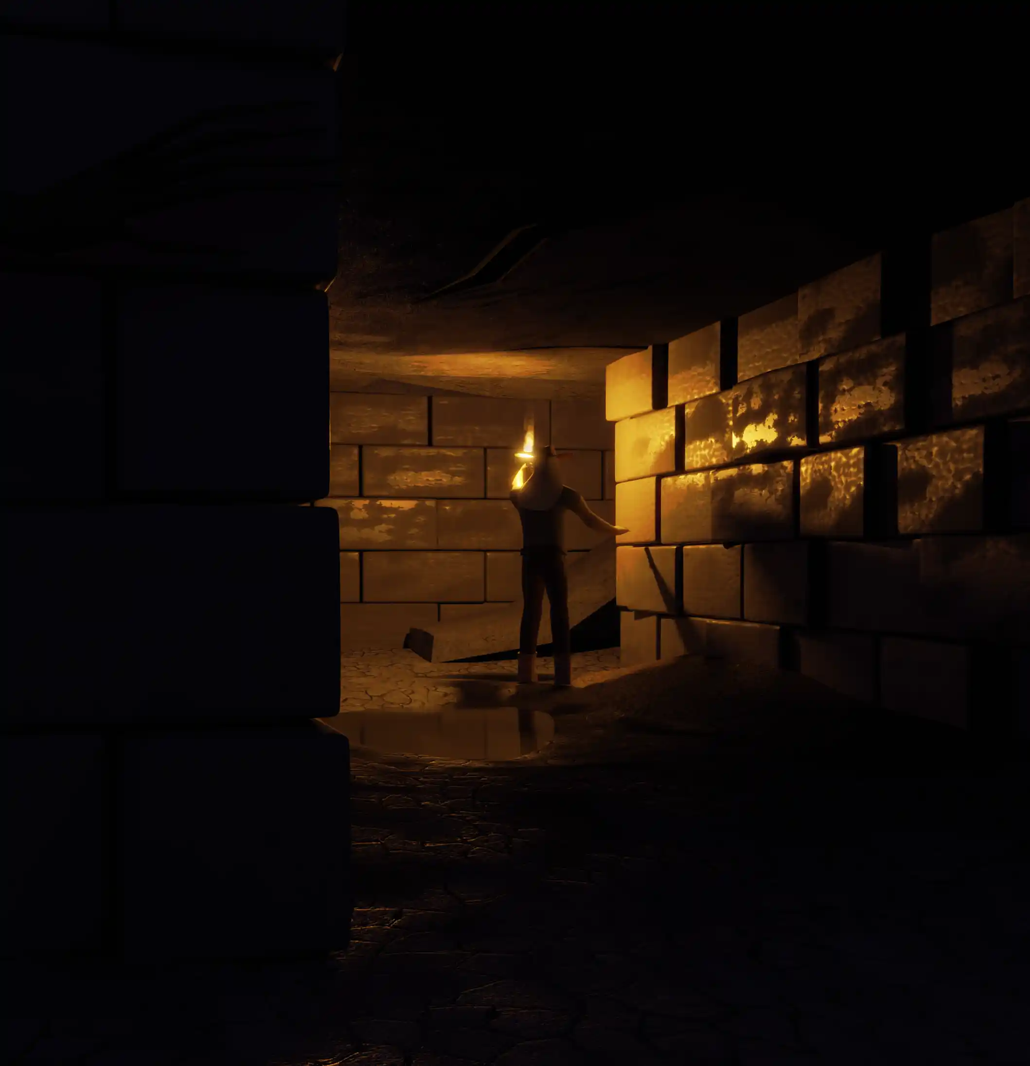 Art of a guy lost in a dungeon, with some entitity stalking him from the shadows